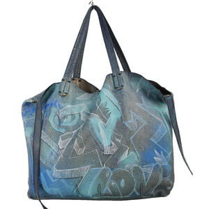 Vintage Numero 10 Blue Leather Graffiti Print Tote Bag Hand Painted Distressed